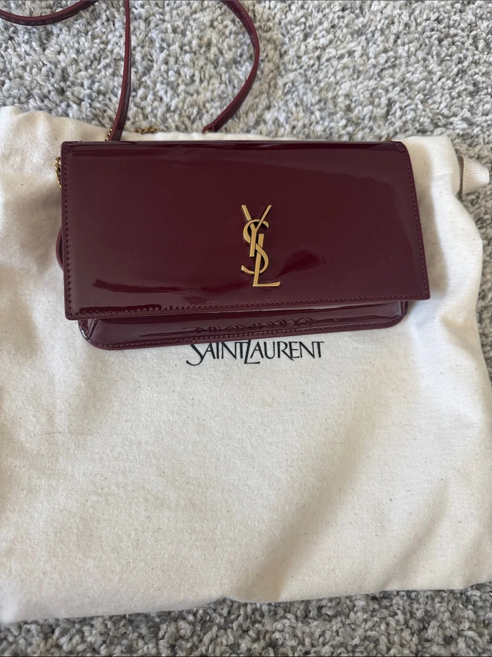 Saint Laurent Burgundy Patent Leather Logo Crossbody Wallet with Gold Chain - Picture 9 of 10